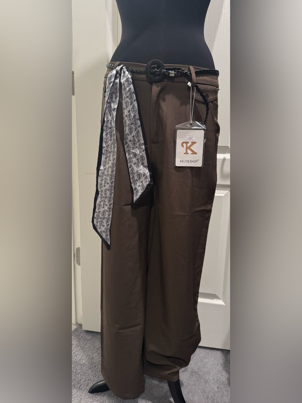 Keltis Shop Brown Wide-Leg Pants with Paisley Scarf braided belt 2 side pockets